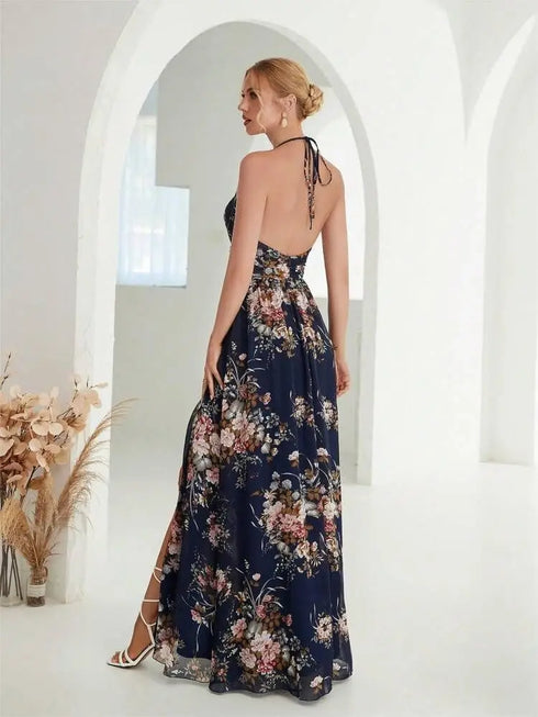 Elegant Flower Print Chiffon Dress for Women - Sexy Halter V Neck Backless Long Summer Fashion Party Dress